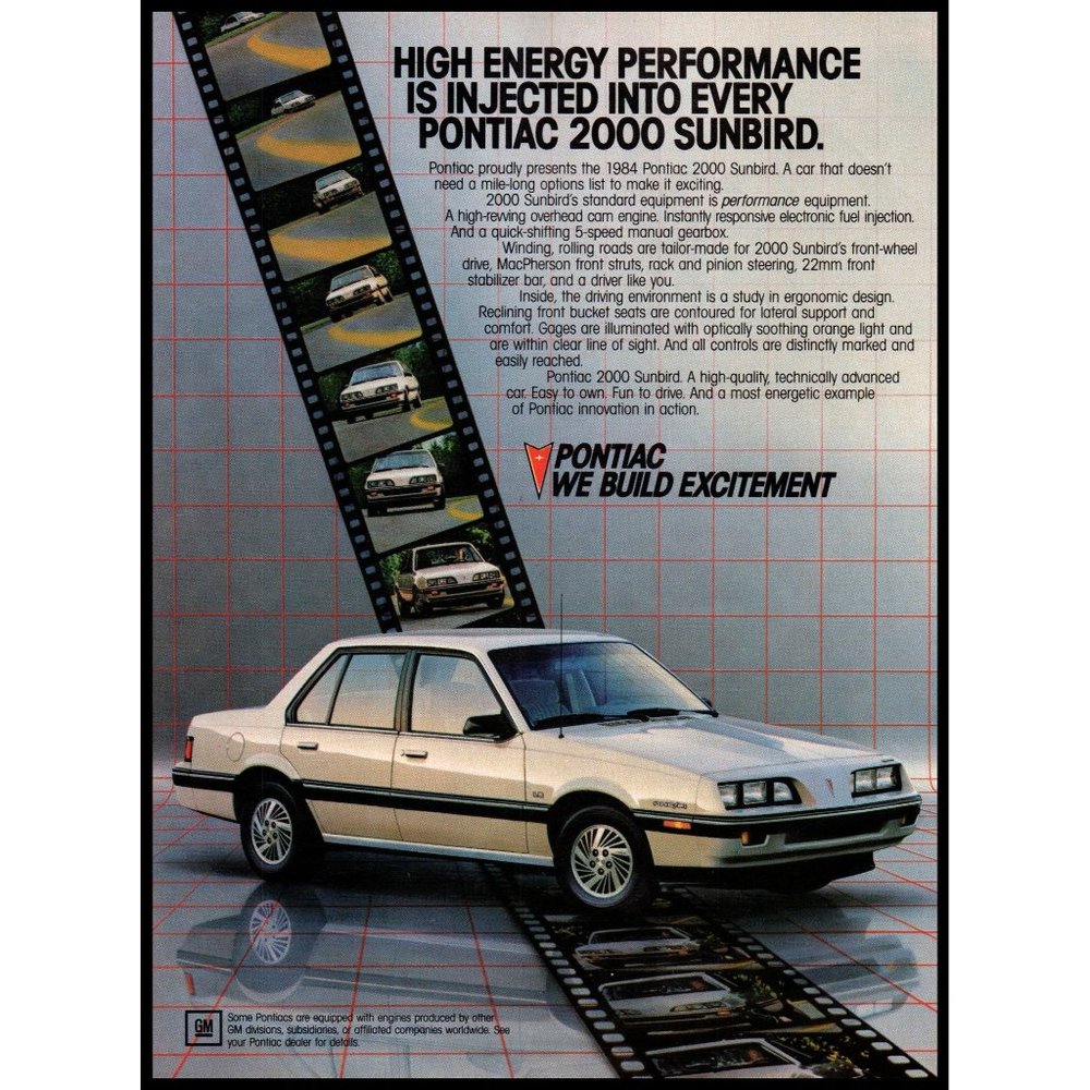 1984 Pontiac 2000 Sunbird Sedan Vintage Print Ad Movie Film Strip Wall Art Photo